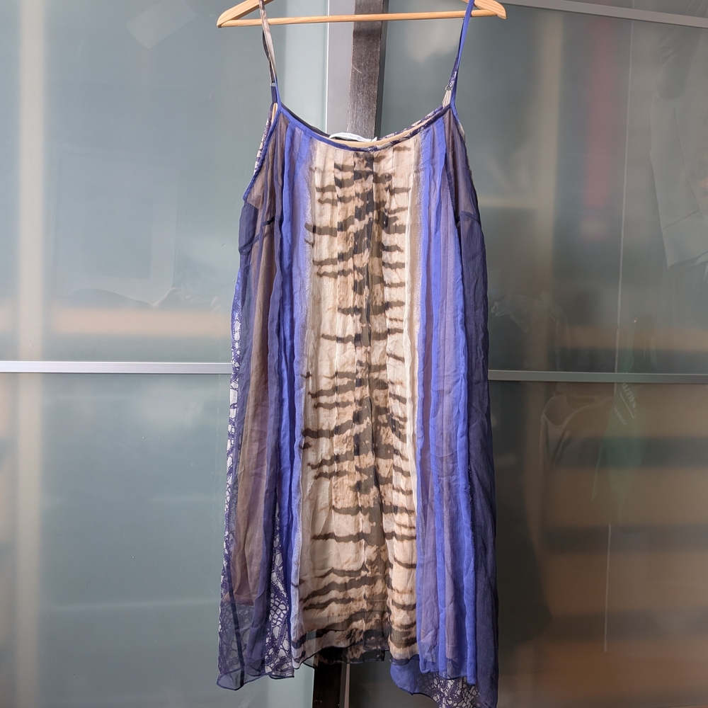 🐛🇫🇷 Pretty Silk Lauren Vidal Blue and Beige Flowy Tunic Dress - XL